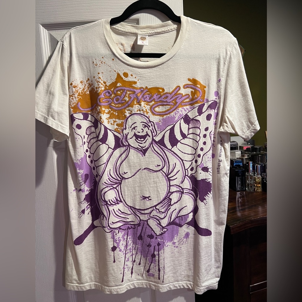 Ed Hardy White and Purple Graphic Men's Shirt